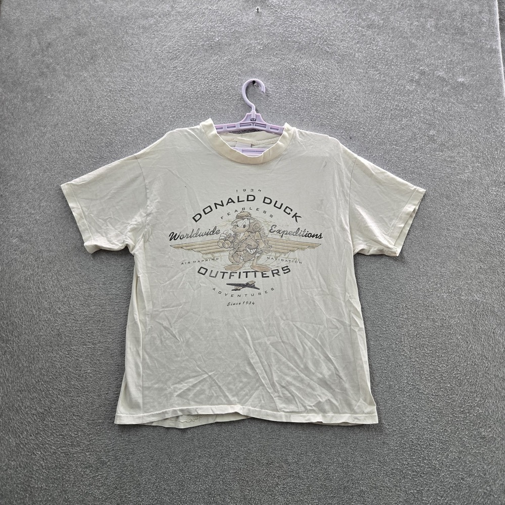 VINTAGE The Disney‎ Store Men Shirt Off White Single Stitch 90s USA Donald Duck